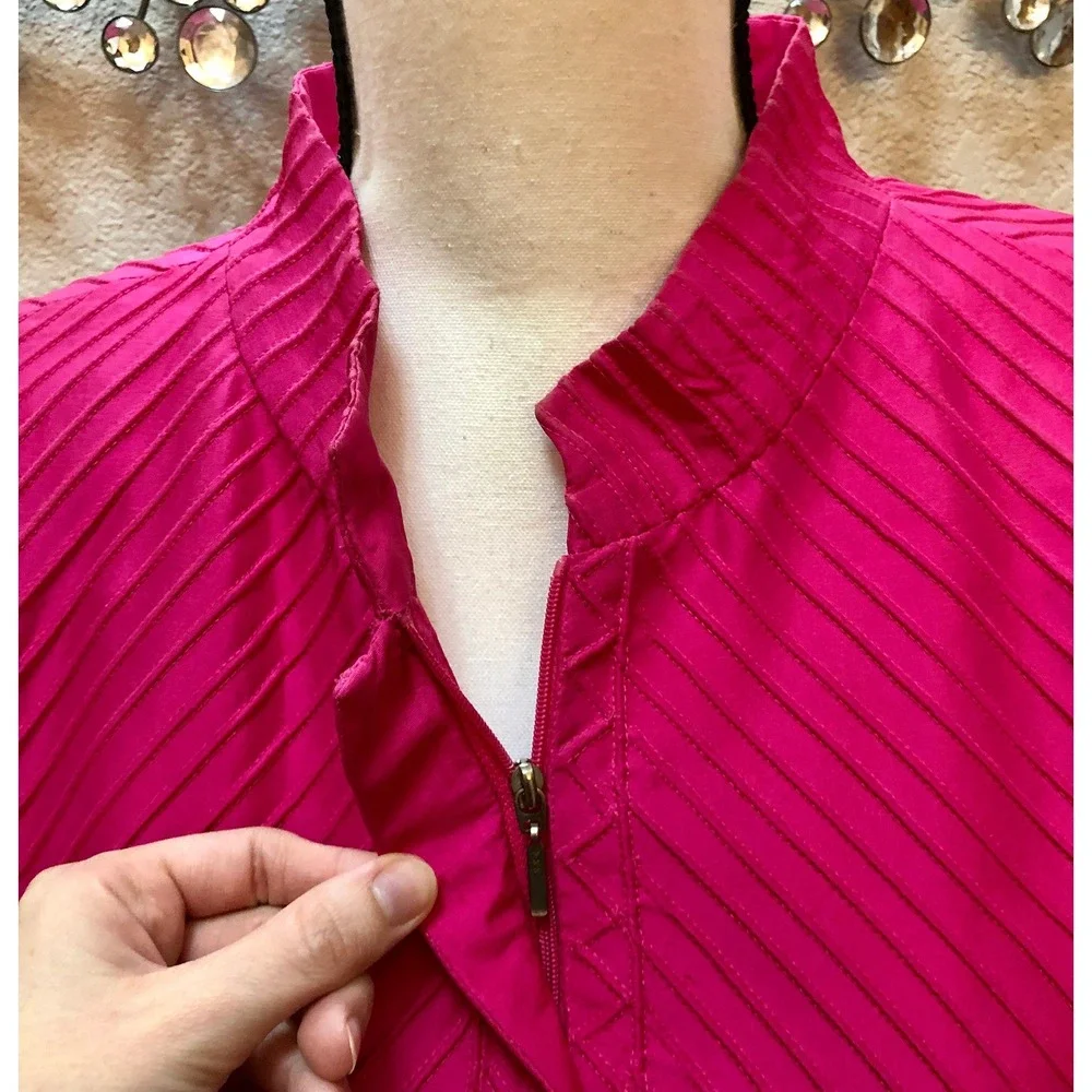 Silk Club Pink Silk Jacket Women's‎ Size Large Ribbed Striped Zipper Vintage